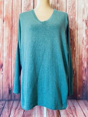 Women’s XL Tall Sweater J Jill Green 3/4 Sleeves V Neck Silk Wool Blend Knit